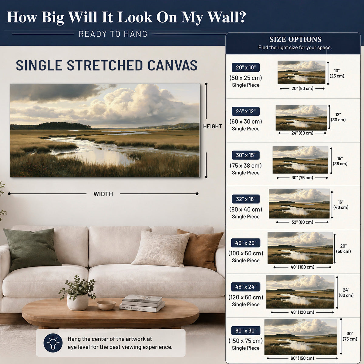 Pools of still water reflecting a dramatic cloud-filled sky across a golden marsh single canvas wall art size guide above a sofa; room view is illustrative