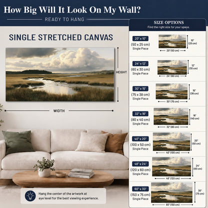 Pools of still water reflecting a dramatic cloud-filled sky across a golden marsh single canvas wall art size guide above a sofa; room view is illustrative
