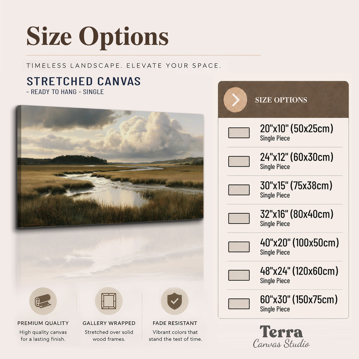 Pools of still water reflecting a dramatic cloud-filled sky across a golden marsh single canvas wall art available dimensions