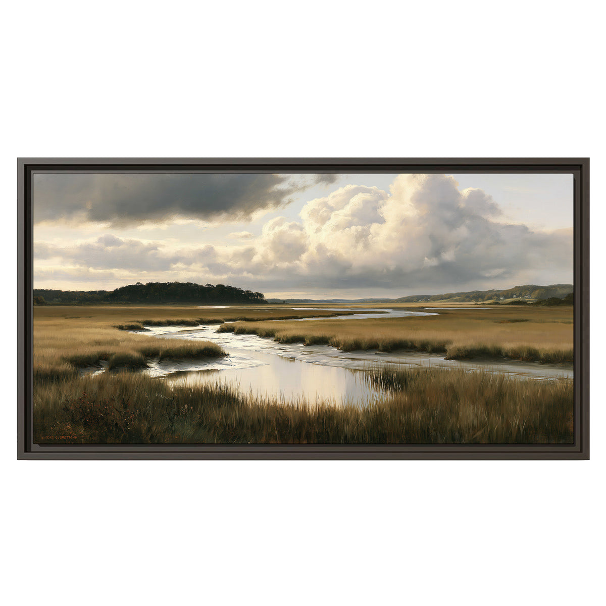 Pools of still water reflecting a dramatic cloud-filled sky across a golden marsh single framed canvas wall art viewed straight on