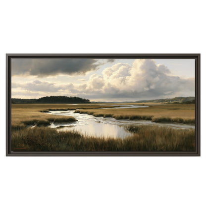 Pools of still water reflecting a dramatic cloud-filled sky across a golden marsh single framed canvas wall art viewed straight on