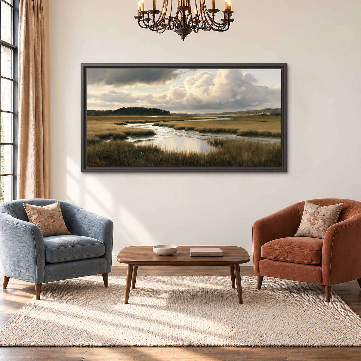 Pools of still water reflecting a dramatic cloud-filled sky across a golden marsh single framed canvas wall art styled in an interior