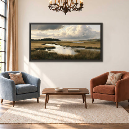 Pools of still water reflecting a dramatic cloud-filled sky across a golden marsh single framed canvas wall art styled in an interior
