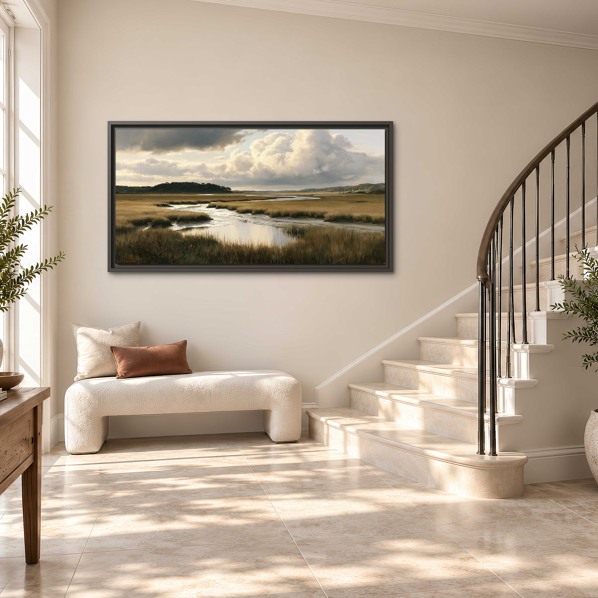 Pools of still water reflecting a dramatic cloud-filled sky across a golden marsh single framed canvas wall art styled in an interior