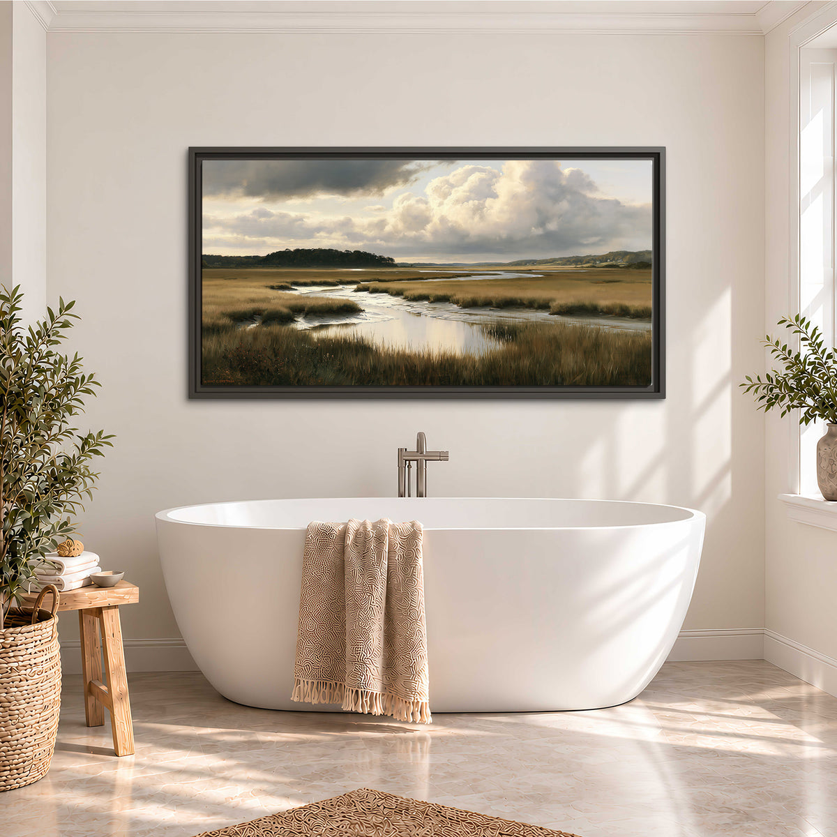 Pools of still water reflecting a dramatic cloud-filled sky across a golden marsh single framed canvas wall art styled in an interior