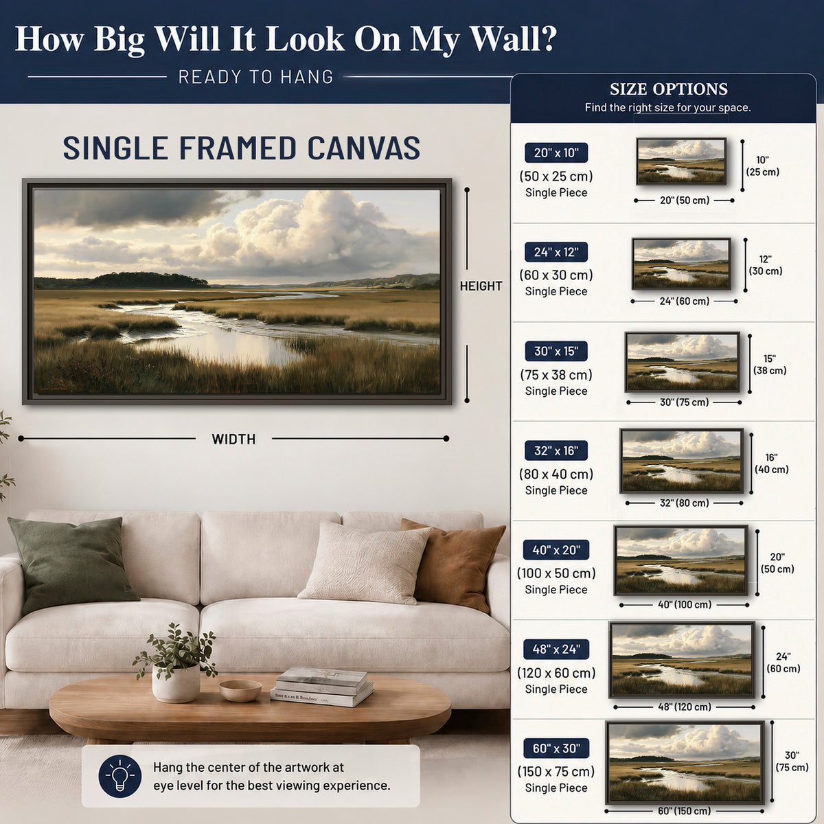 Pools of still water reflecting a dramatic cloud-filled sky across a golden marsh single framed canvas wall art size guide above a sofa; room view is illustrative
