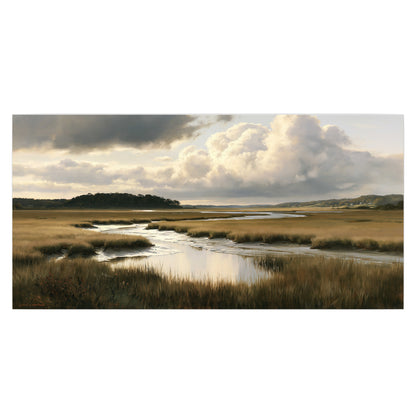 Pools of still water reflecting a dramatic cloud-filled sky across a golden marsh single poster print viewed straight on