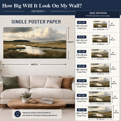 Pools of still water reflecting a dramatic cloud-filled sky across a golden marsh single poster print size guide above a sofa; room view is illustrative