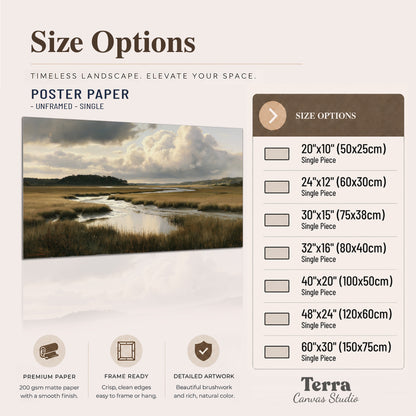 Pools of still water reflecting a dramatic cloud-filled sky across a golden marsh single poster print available dimensions