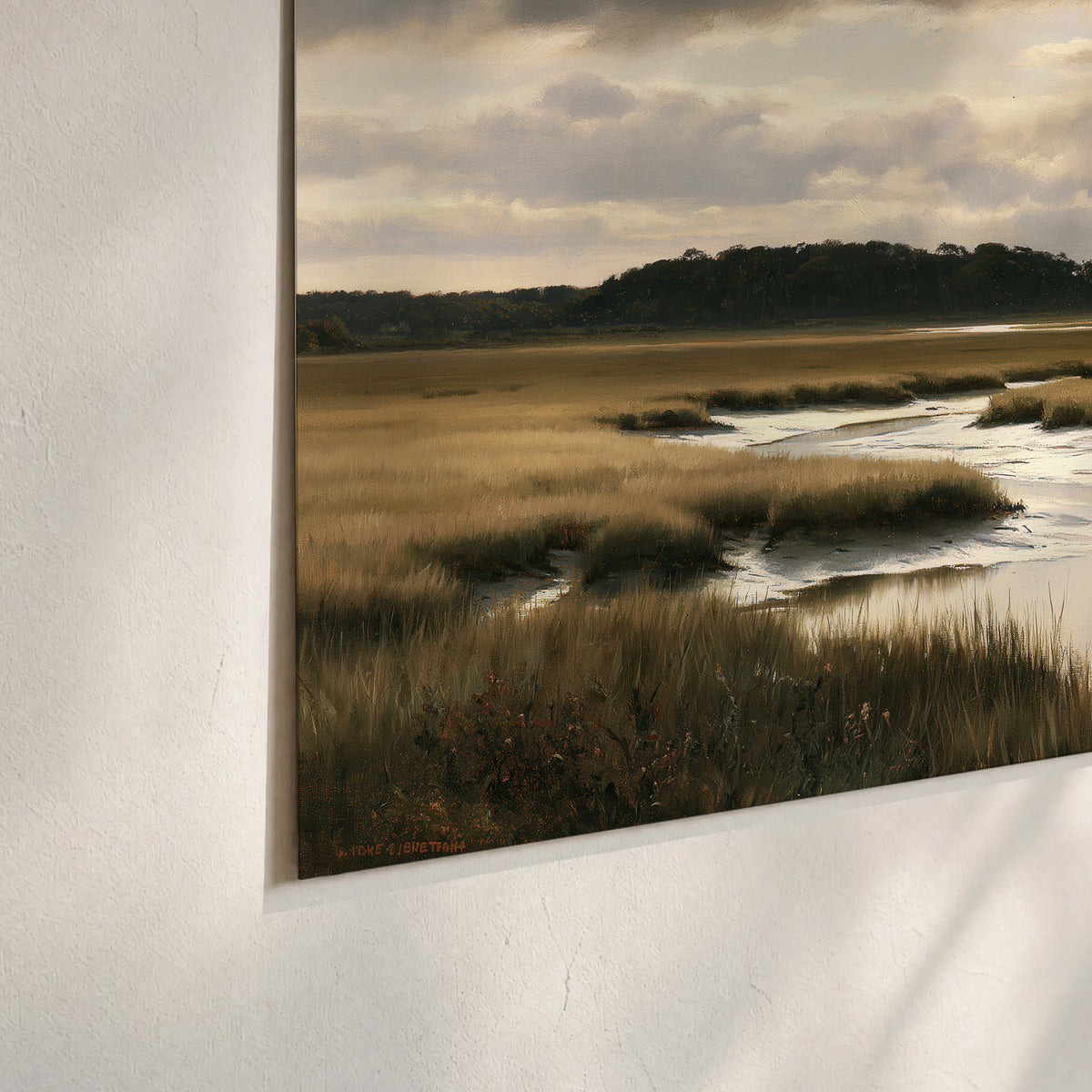 Pools of still water reflecting a dramatic cloud-filled sky across a golden marsh set of 3 poster prints material and edge close up
