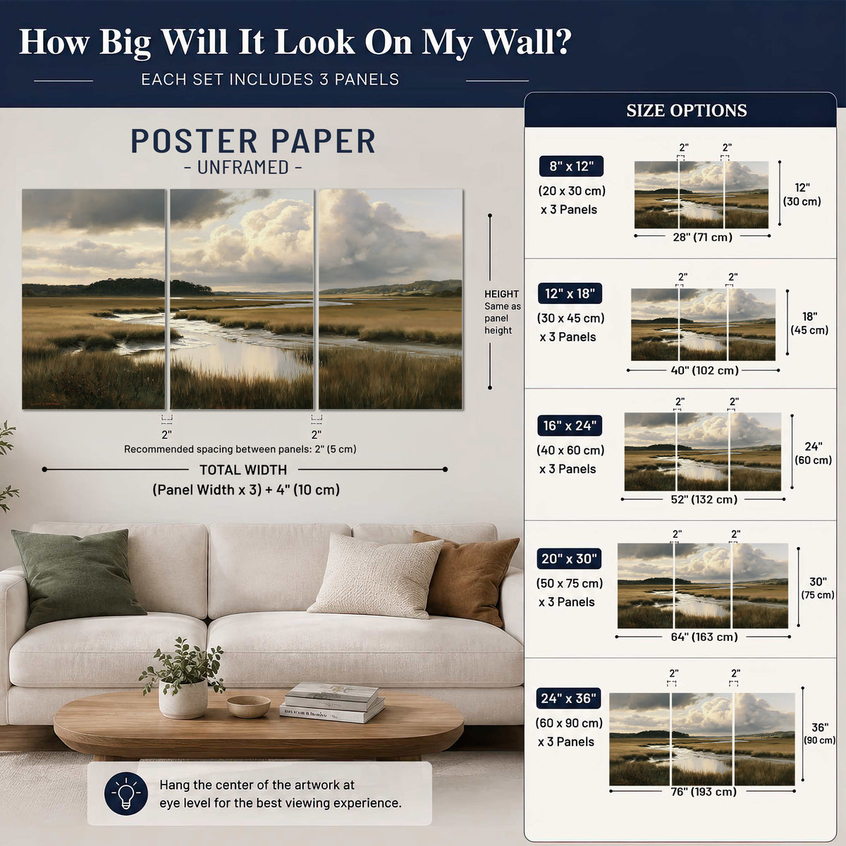 Pools of still water reflecting a dramatic cloud-filled sky across a golden marsh set of 3 poster prints size guide above a sofa; room view is illustrative