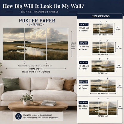 Pools of still water reflecting a dramatic cloud-filled sky across a golden marsh set of 3 poster prints size guide above a sofa; room view is illustrative