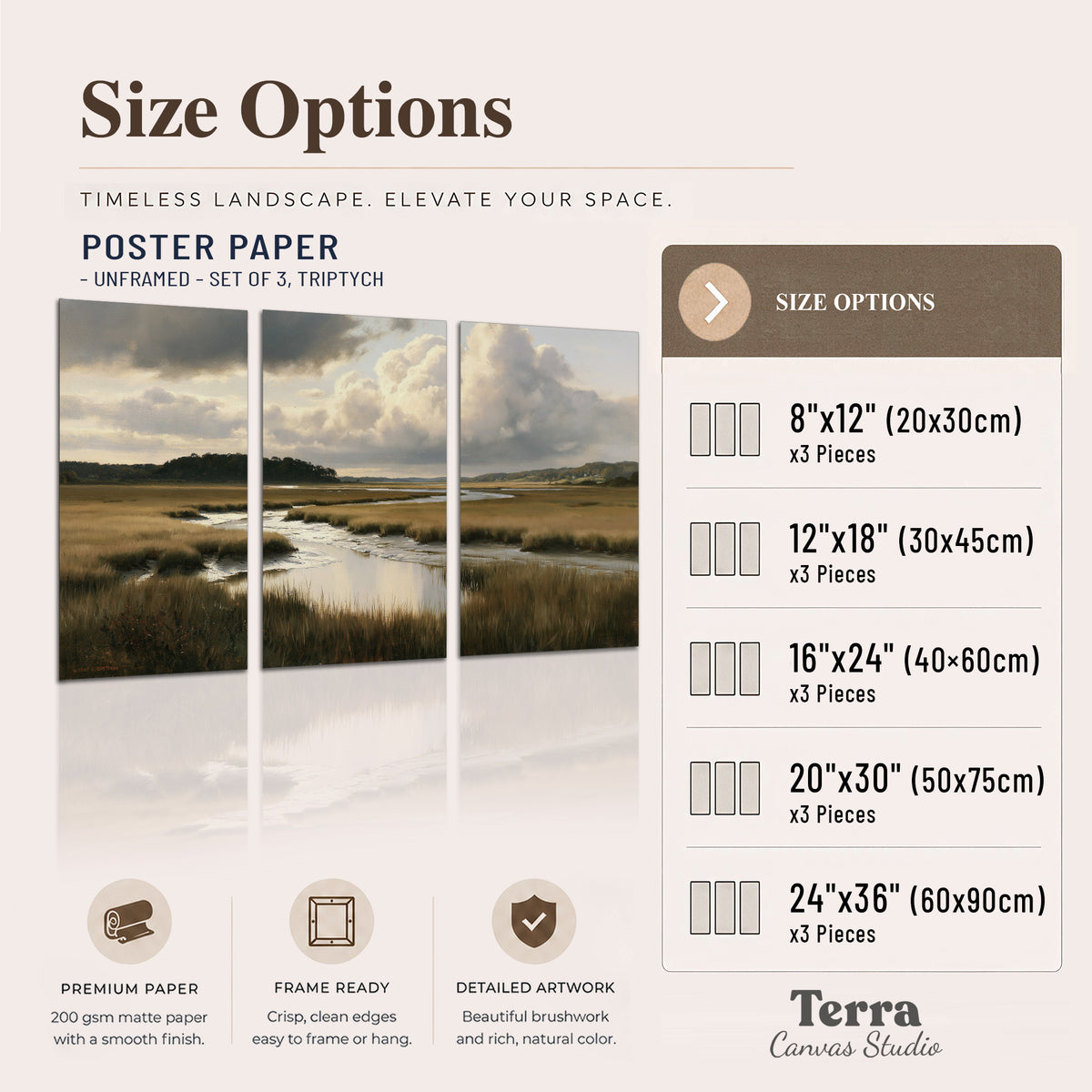 Pools of still water reflecting a dramatic cloud-filled sky across a golden marsh set of 3 poster prints available dimensions; triptych dimensions are per panel