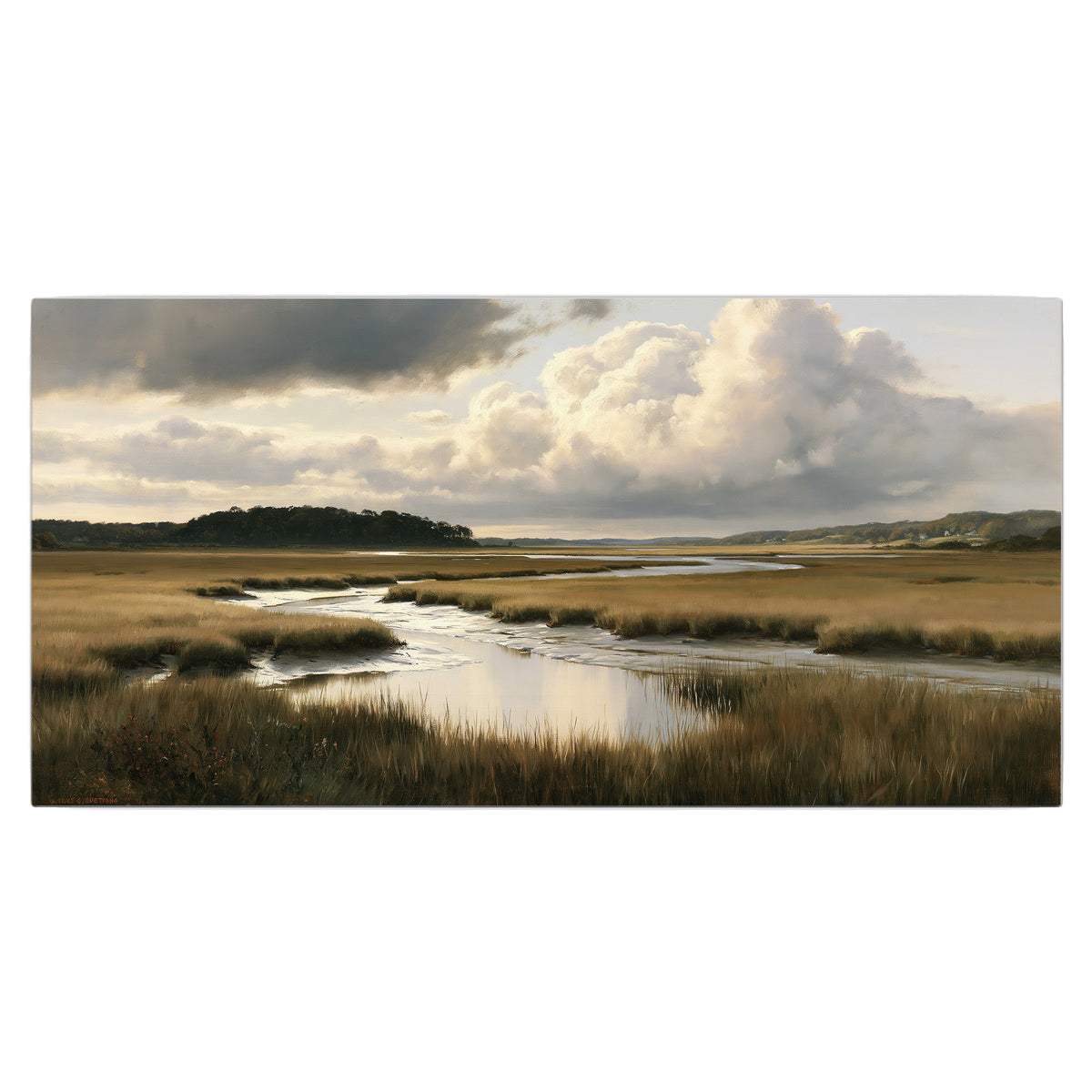 Pools of still water reflecting a dramatic cloud-filled sky across a golden marsh single canvas wall art viewed straight on