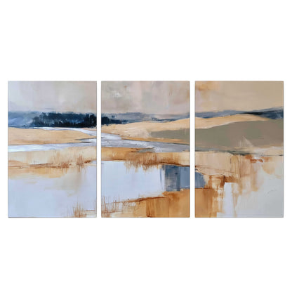 Soft horizontal bands of blue, ochre and ivory suggesting a reflected marsh landscape 3 piece canvas wall art viewed straight on