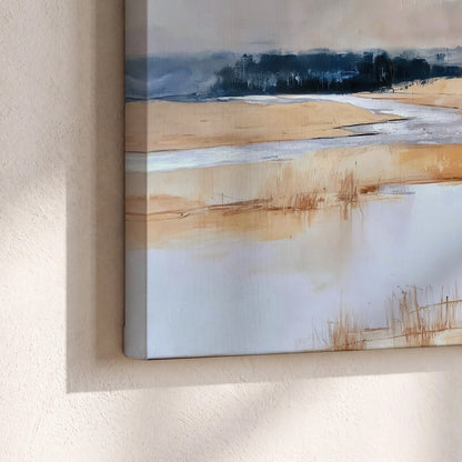 Soft horizontal bands of blue, ochre and ivory suggesting a reflected marsh landscape 3 piece canvas wall art material and edge close up