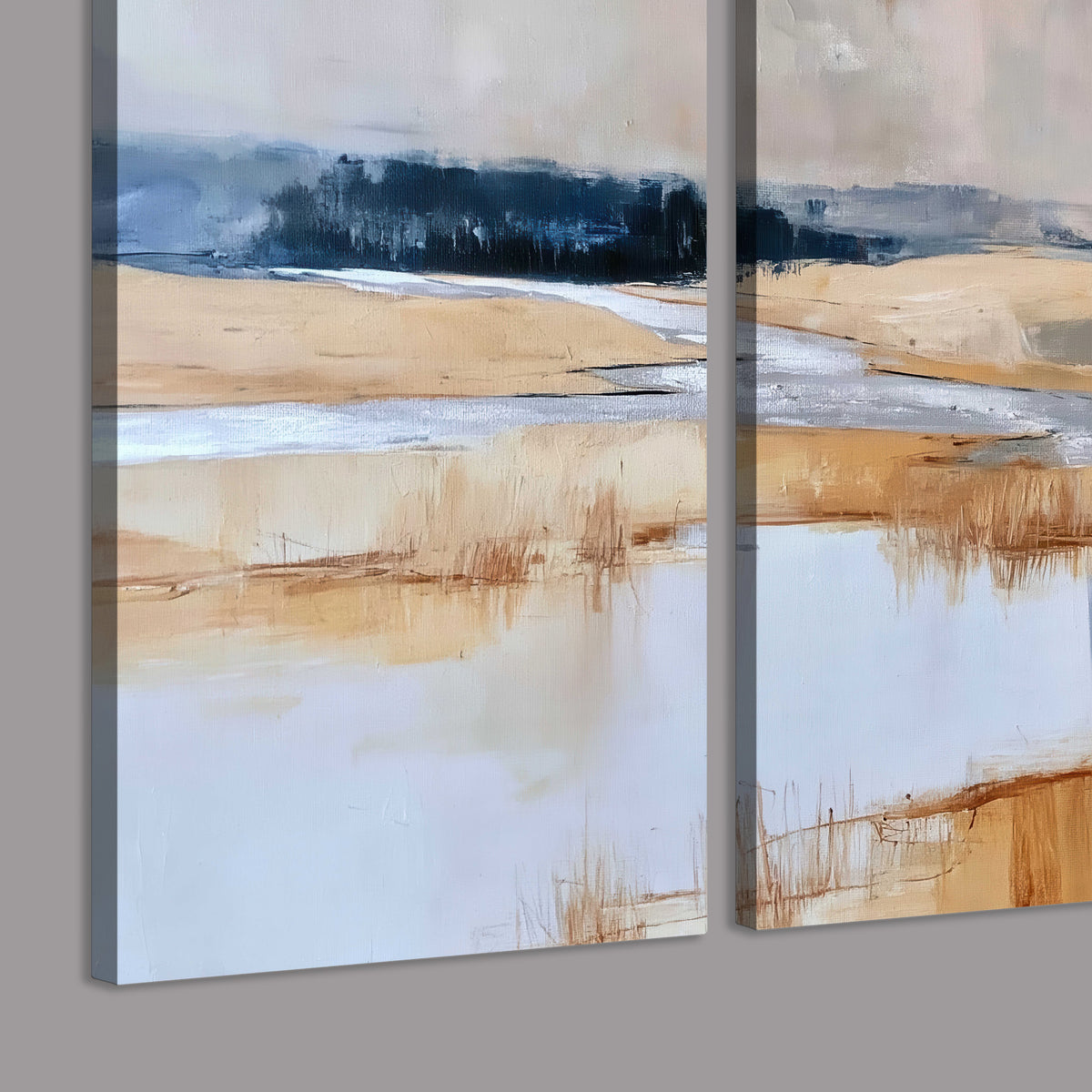Soft horizontal bands of blue, ochre and ivory suggesting a reflected marsh landscape 3 piece canvas wall art room and product view