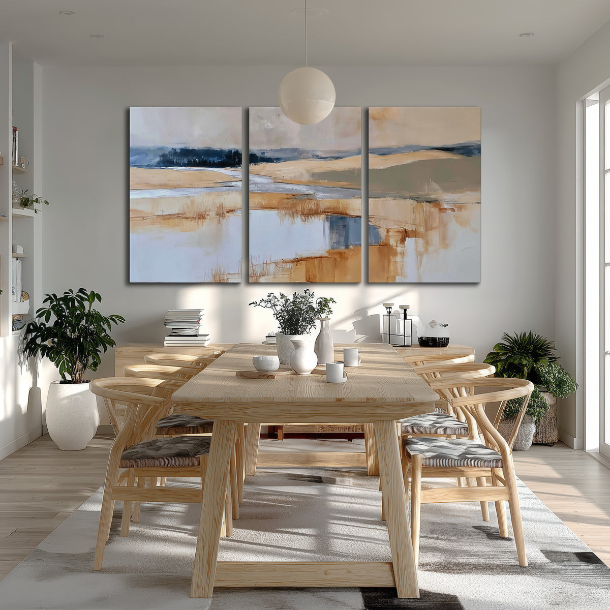 Soft horizontal bands of blue, ochre and ivory suggesting a reflected marsh landscape 3 piece canvas wall art room and product view