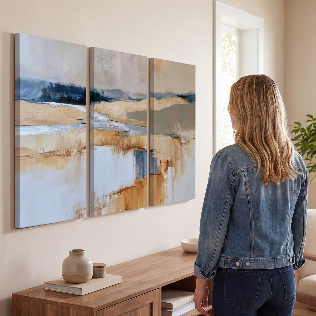Soft horizontal bands of blue, ochre and ivory suggesting a reflected marsh landscape 3 piece canvas wall art three panel arrangement on a wall