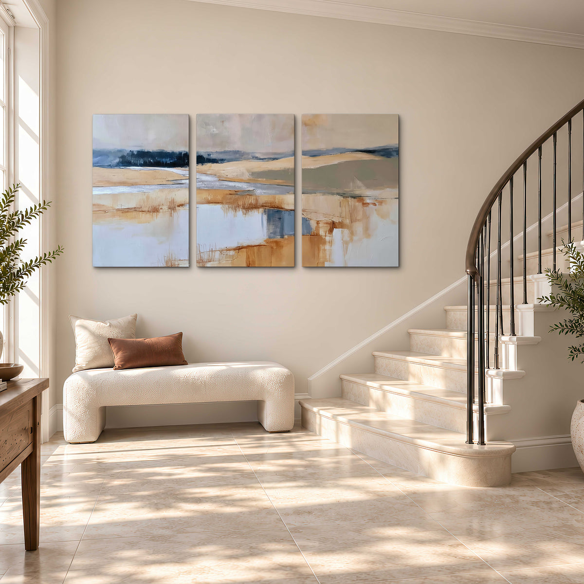 Soft horizontal bands of blue, ochre and ivory suggesting a reflected marsh landscape 3 piece canvas wall art styled in an interior