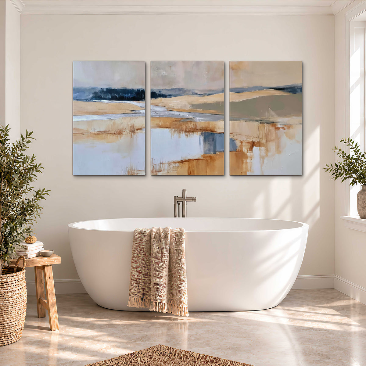 Soft horizontal bands of blue, ochre and ivory suggesting a reflected marsh landscape 3 piece canvas wall art styled in an interior