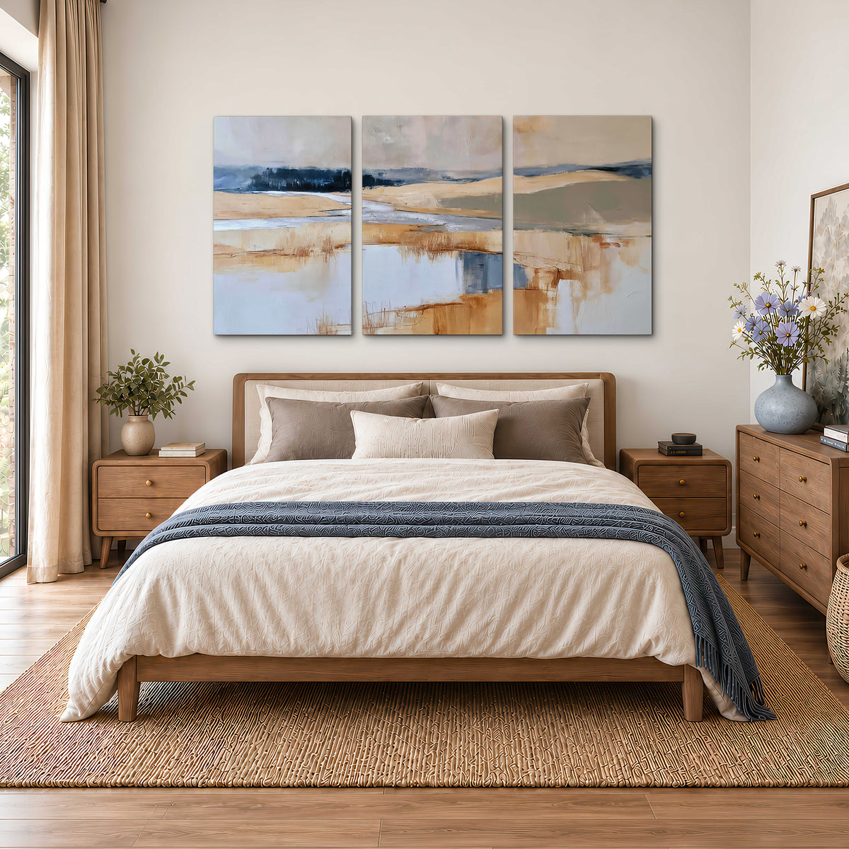 Soft horizontal bands of blue, ochre and ivory suggesting a reflected marsh landscape 3 piece canvas wall art styled in an interior