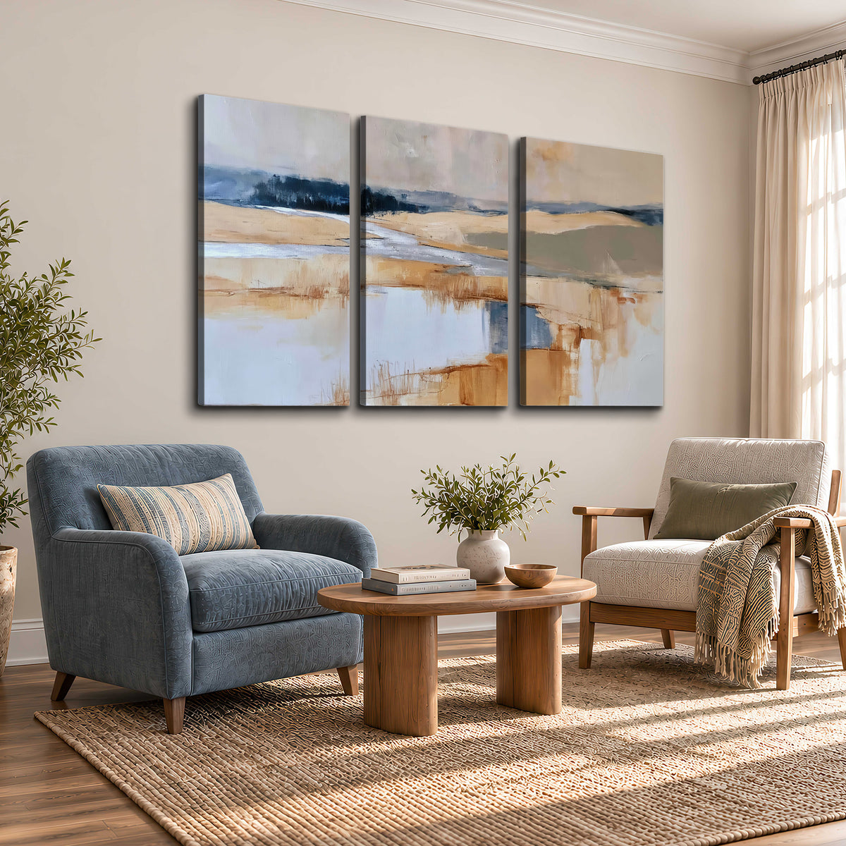 Soft horizontal bands of blue, ochre and ivory suggesting a reflected marsh landscape 3 piece canvas wall art styled in an interior