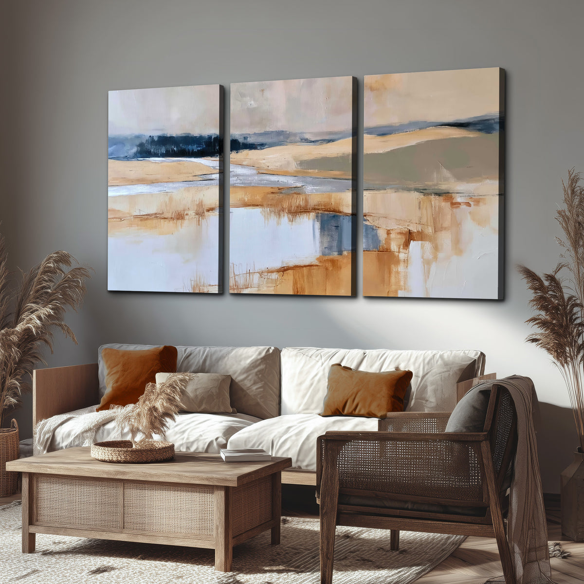 Soft horizontal bands of blue, ochre and ivory suggesting a reflected marsh landscape 3 piece canvas wall art displayed in a rustic living room