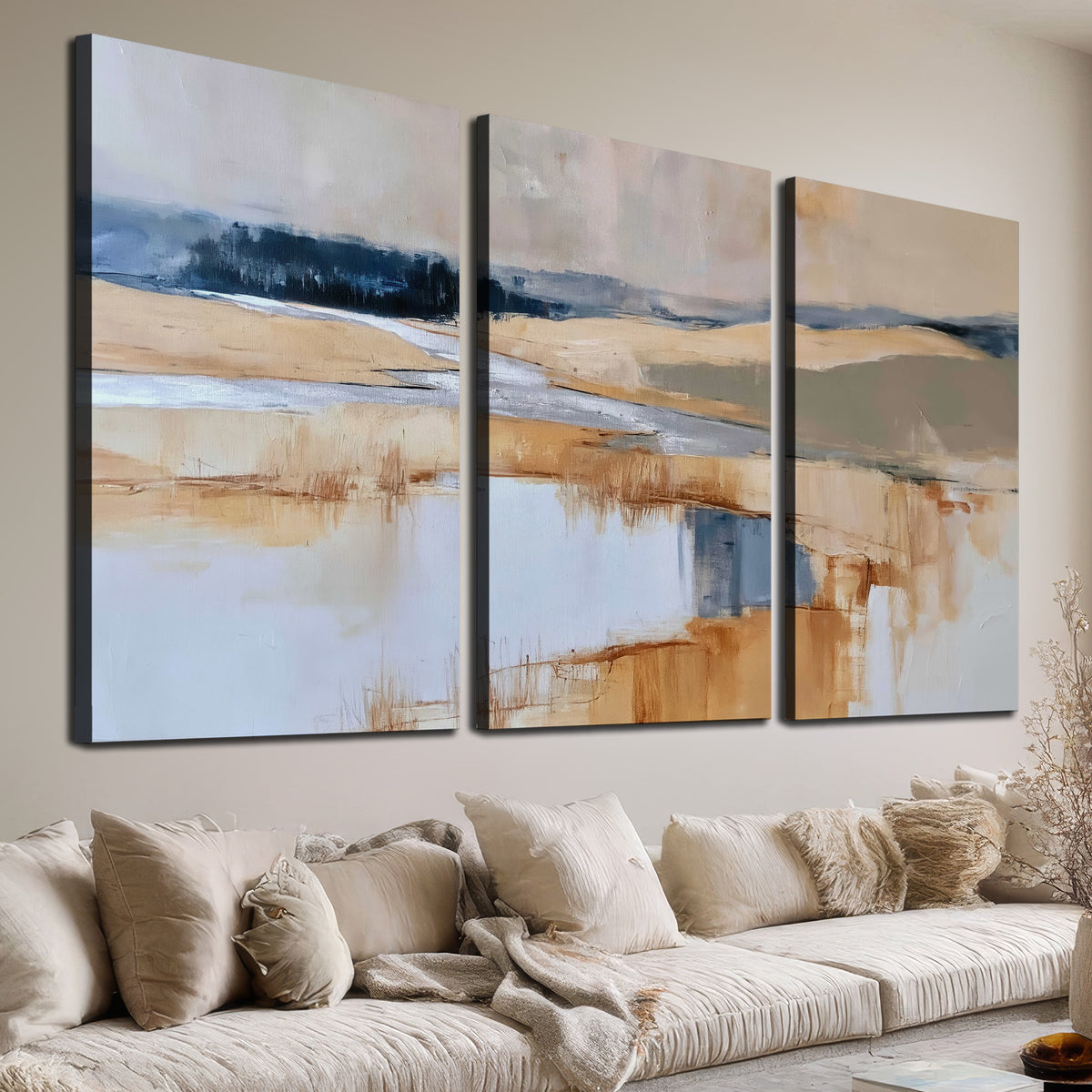 Soft horizontal bands of blue, ochre and ivory suggesting a reflected marsh landscape 3 piece canvas wall art room and product view