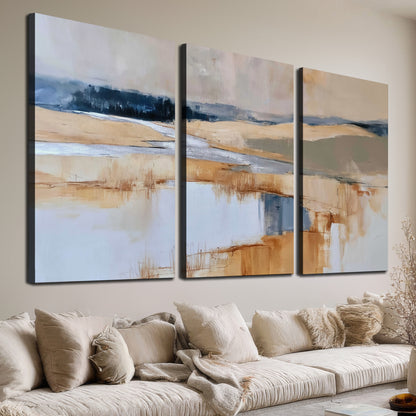 Soft horizontal bands of blue, ochre and ivory suggesting a reflected marsh landscape 3 piece canvas wall art room and product view
