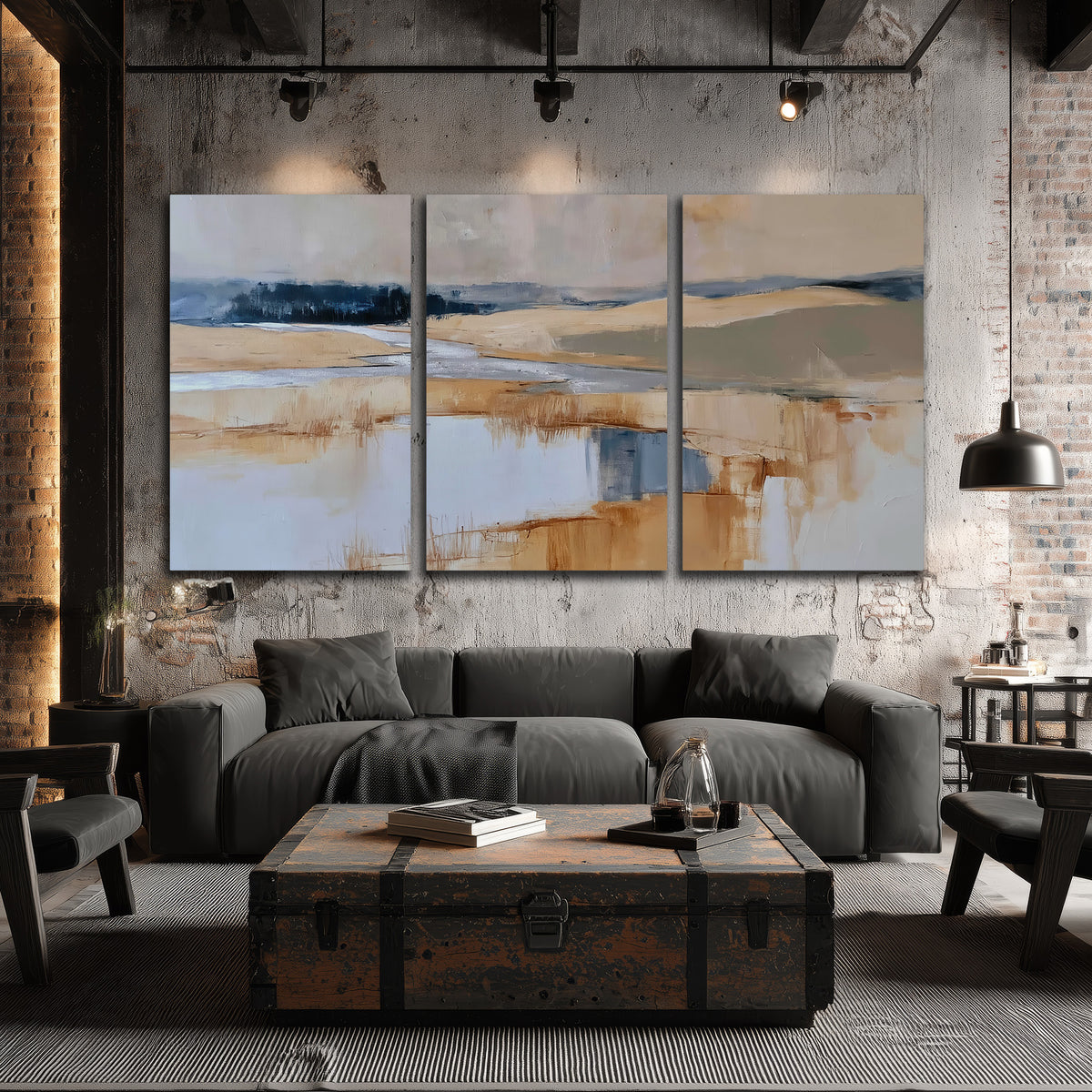 Soft horizontal bands of blue, ochre and ivory suggesting a reflected marsh landscape 3 piece canvas wall art displayed in a industrial room