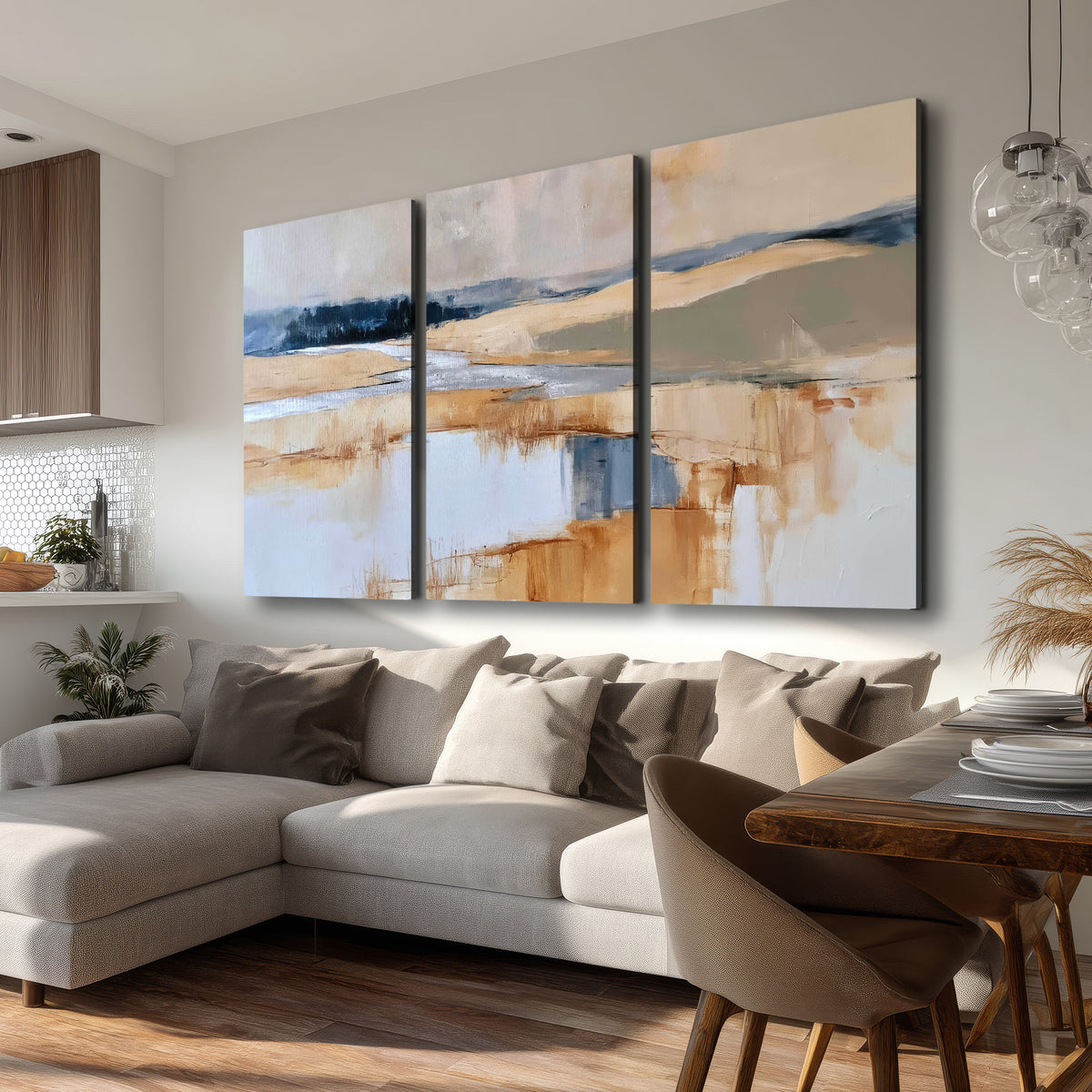 Soft horizontal bands of blue, ochre and ivory suggesting a reflected marsh landscape 3 piece canvas wall art room and product view