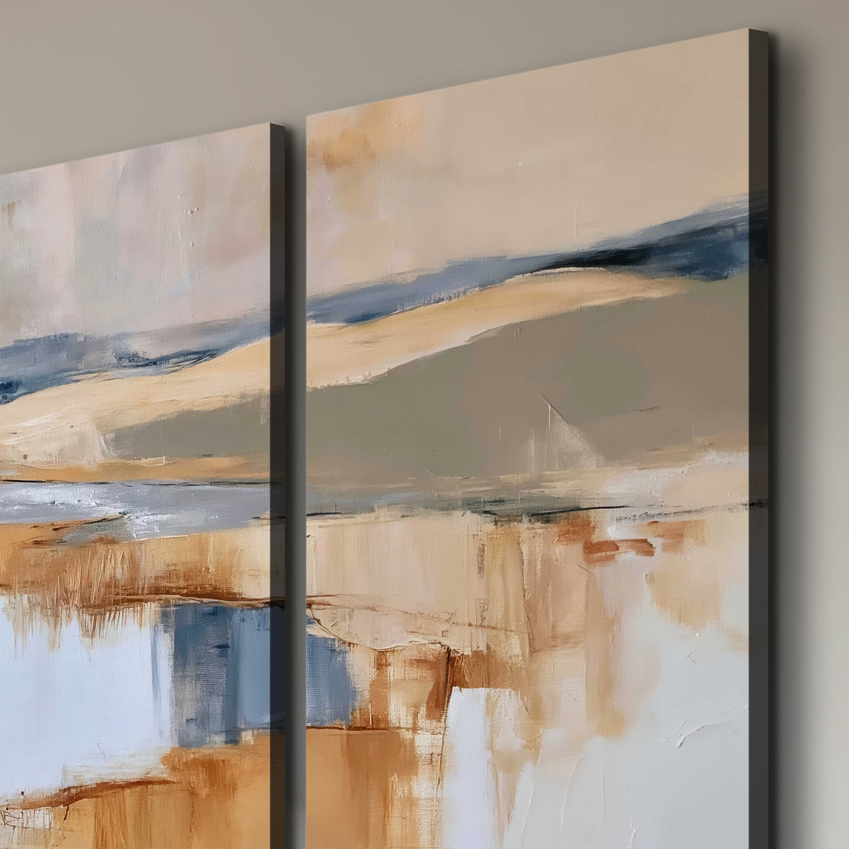 Soft horizontal bands of blue, ochre and ivory suggesting a reflected marsh landscape 3 piece canvas wall art room and product view