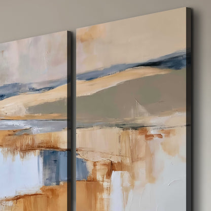 Soft horizontal bands of blue, ochre and ivory suggesting a reflected marsh landscape 3 piece canvas wall art room and product view