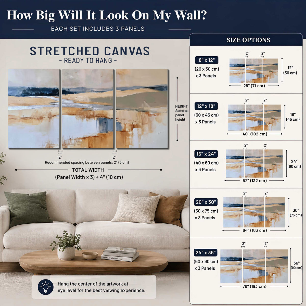 Soft horizontal bands of blue, ochre and ivory suggesting a reflected marsh landscape 3 piece canvas wall art size guide above a sofa; room view is illustrative
