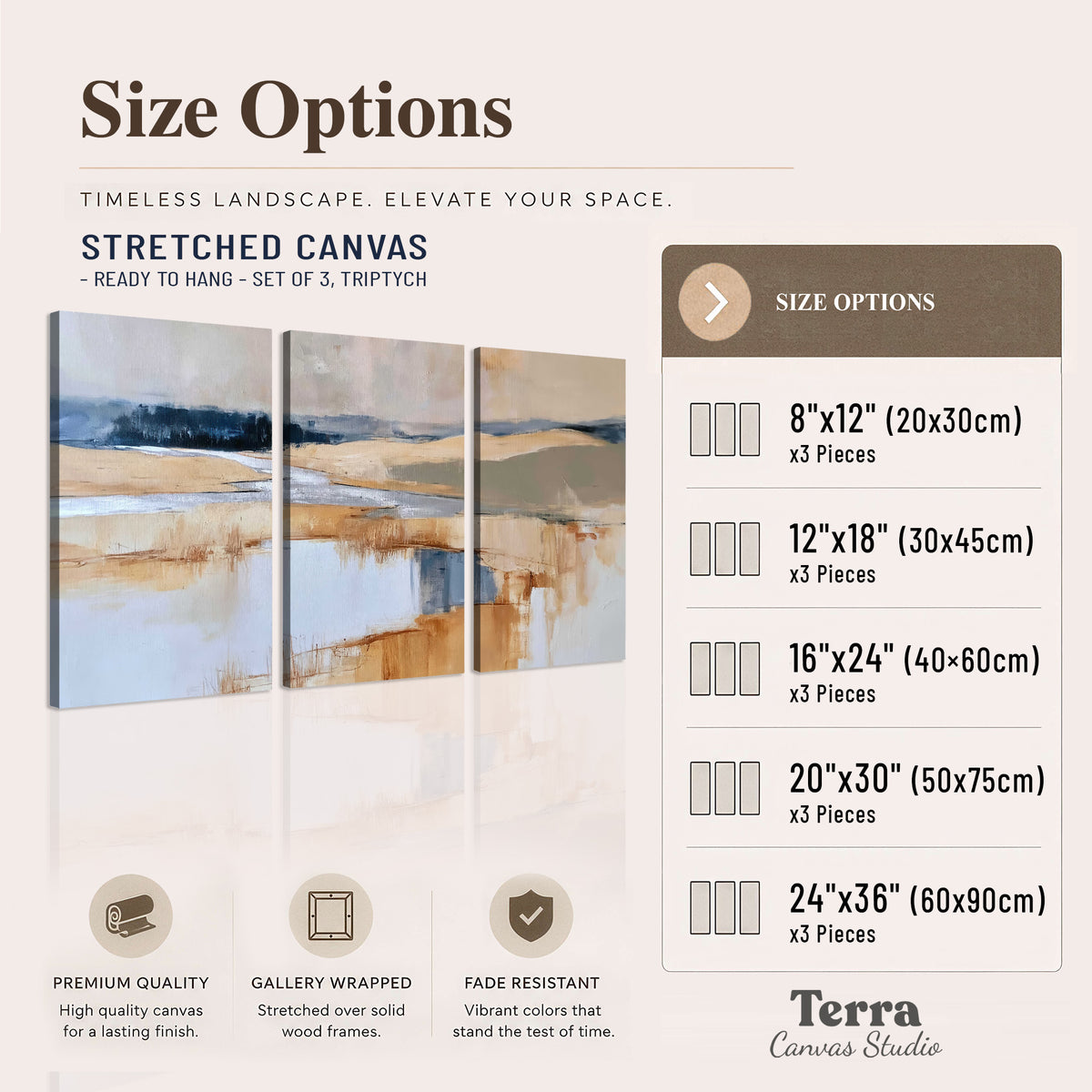 Soft horizontal bands of blue, ochre and ivory suggesting a reflected marsh landscape 3 piece canvas wall art available dimensions; triptych dimensions are per panel