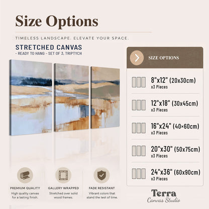 Soft horizontal bands of blue, ochre and ivory suggesting a reflected marsh landscape 3 piece canvas wall art available dimensions; triptych dimensions are per panel