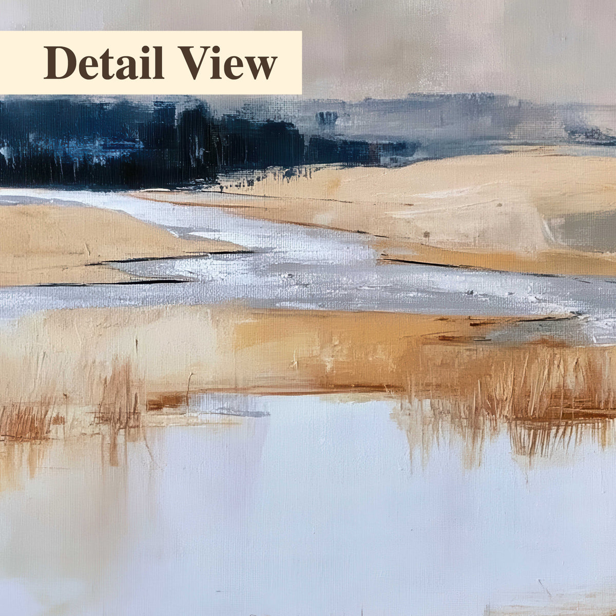 Soft horizontal bands of blue, ochre and ivory suggesting a reflected marsh landscape 3 piece canvas wall art artwork detail close up