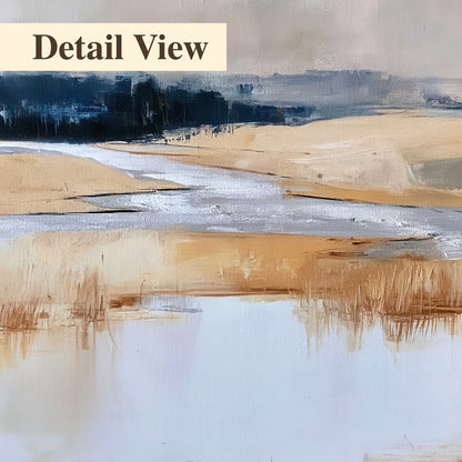 Soft horizontal bands of blue, ochre and ivory suggesting a reflected marsh landscape 3 piece canvas wall art artwork detail close up