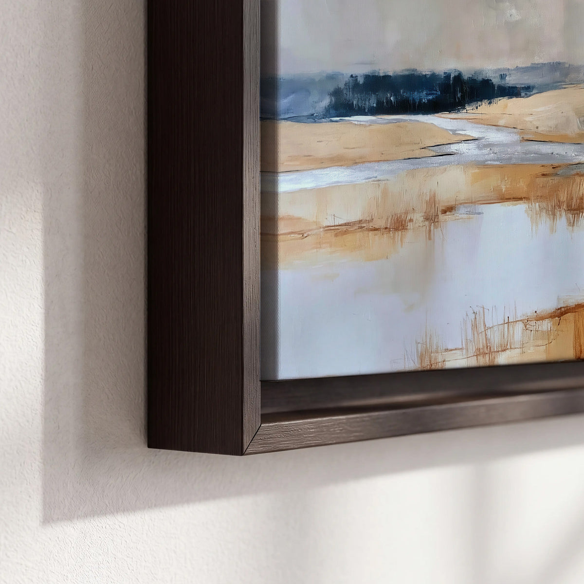 Soft horizontal bands of blue, ochre and ivory suggesting a reflected marsh landscape 3 piece framed canvas wall art material and edge close up