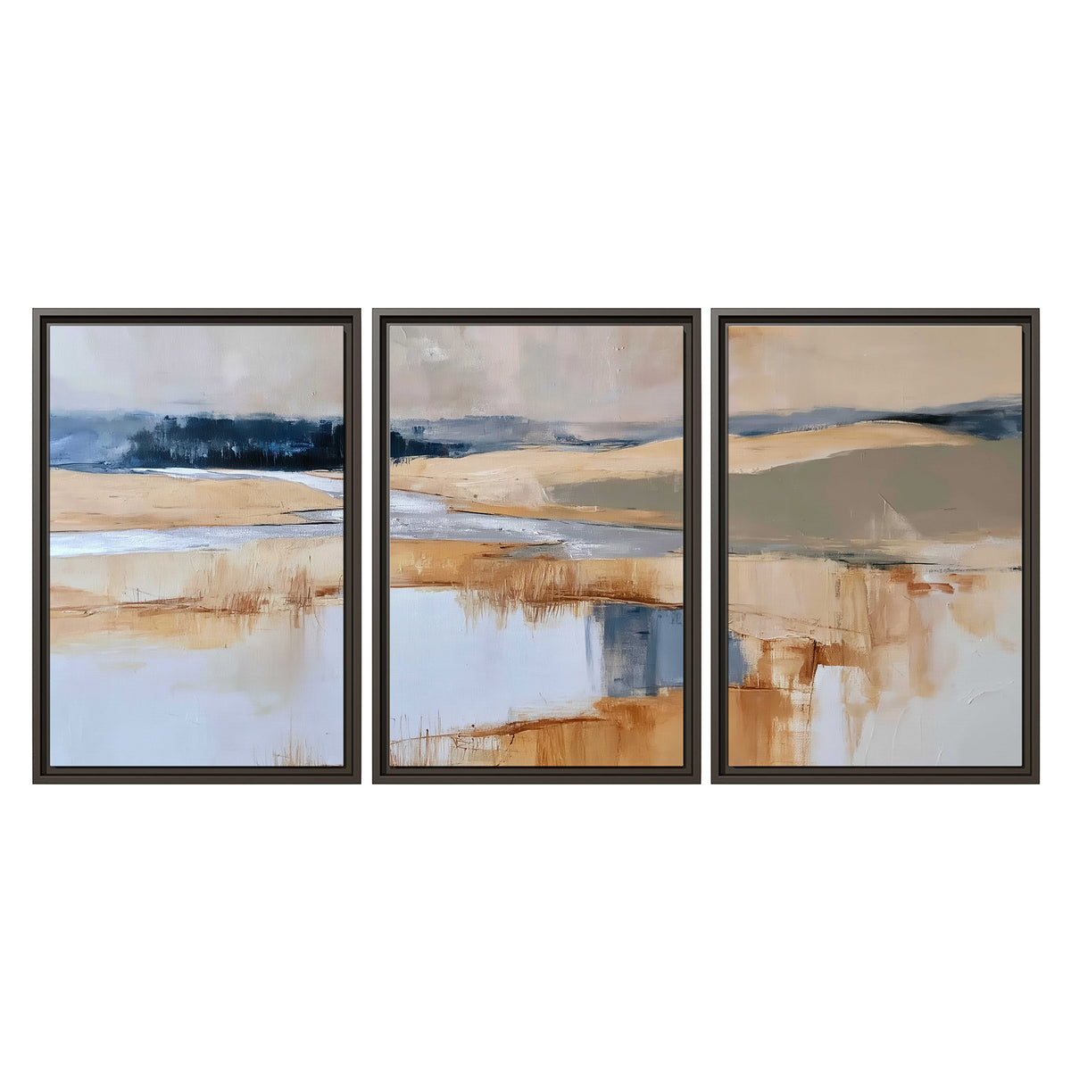 Soft horizontal bands of blue, ochre and ivory suggesting a reflected marsh landscape 3 piece framed canvas wall art viewed straight on