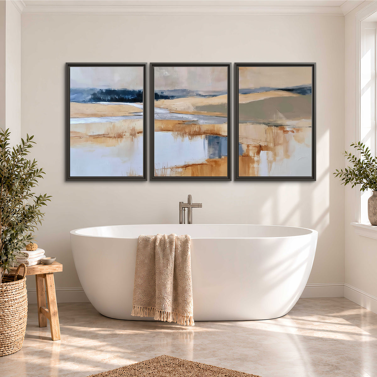 Soft horizontal bands of blue, ochre and ivory suggesting a reflected marsh landscape 3 piece framed canvas wall art styled in an interior