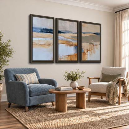 Soft horizontal bands of blue, ochre and ivory suggesting a reflected marsh landscape 3 piece framed canvas wall art styled in an interior