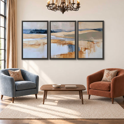 Soft horizontal bands of blue, ochre and ivory suggesting a reflected marsh landscape 3 piece framed canvas wall art styled in an interior