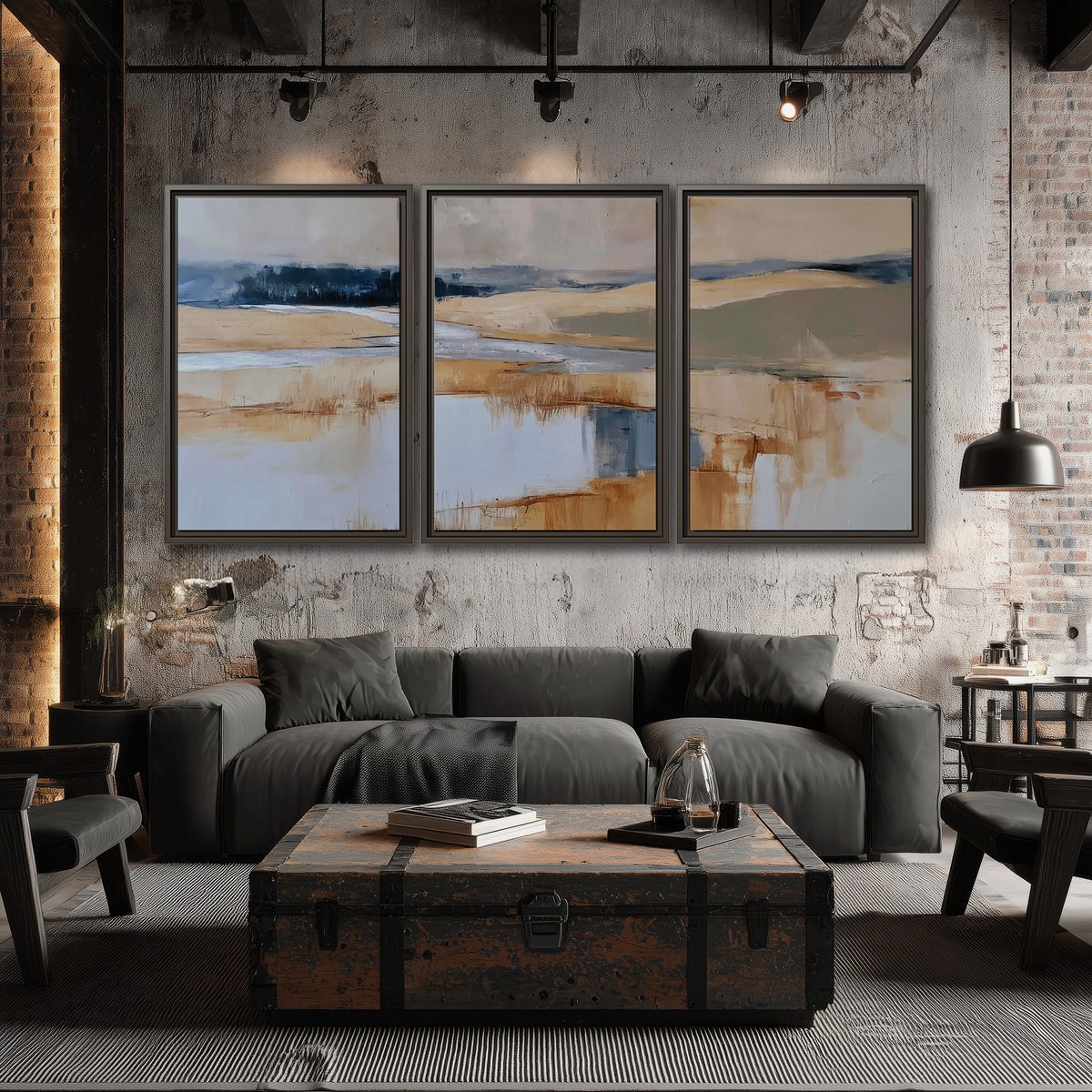 Soft horizontal bands of blue, ochre and ivory suggesting a reflected marsh landscape 3 piece framed canvas wall art displayed in a industrial room