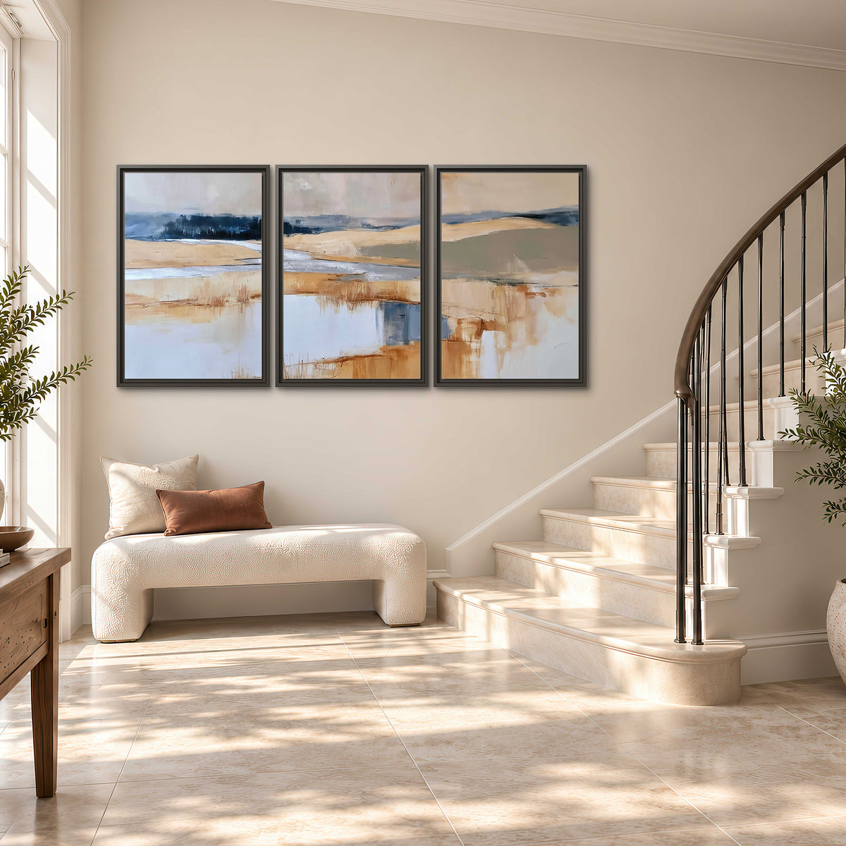 Soft horizontal bands of blue, ochre and ivory suggesting a reflected marsh landscape 3 piece framed canvas wall art styled in an interior
