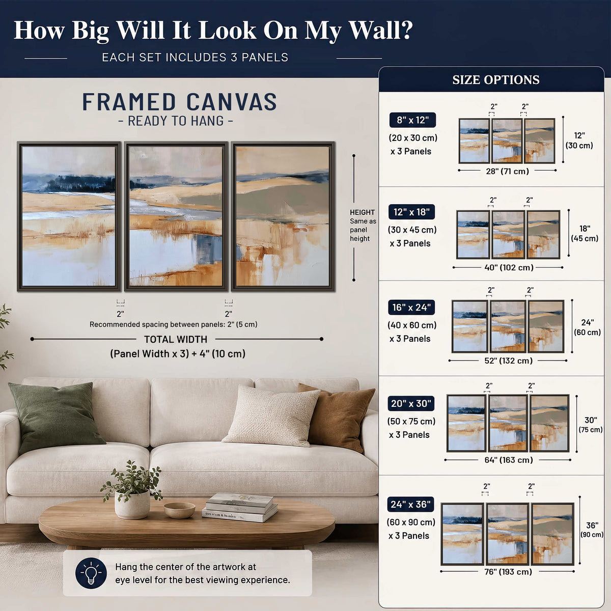 Soft horizontal bands of blue, ochre and ivory suggesting a reflected marsh landscape 3 piece framed canvas wall art size guide above a sofa; room view is illustrative