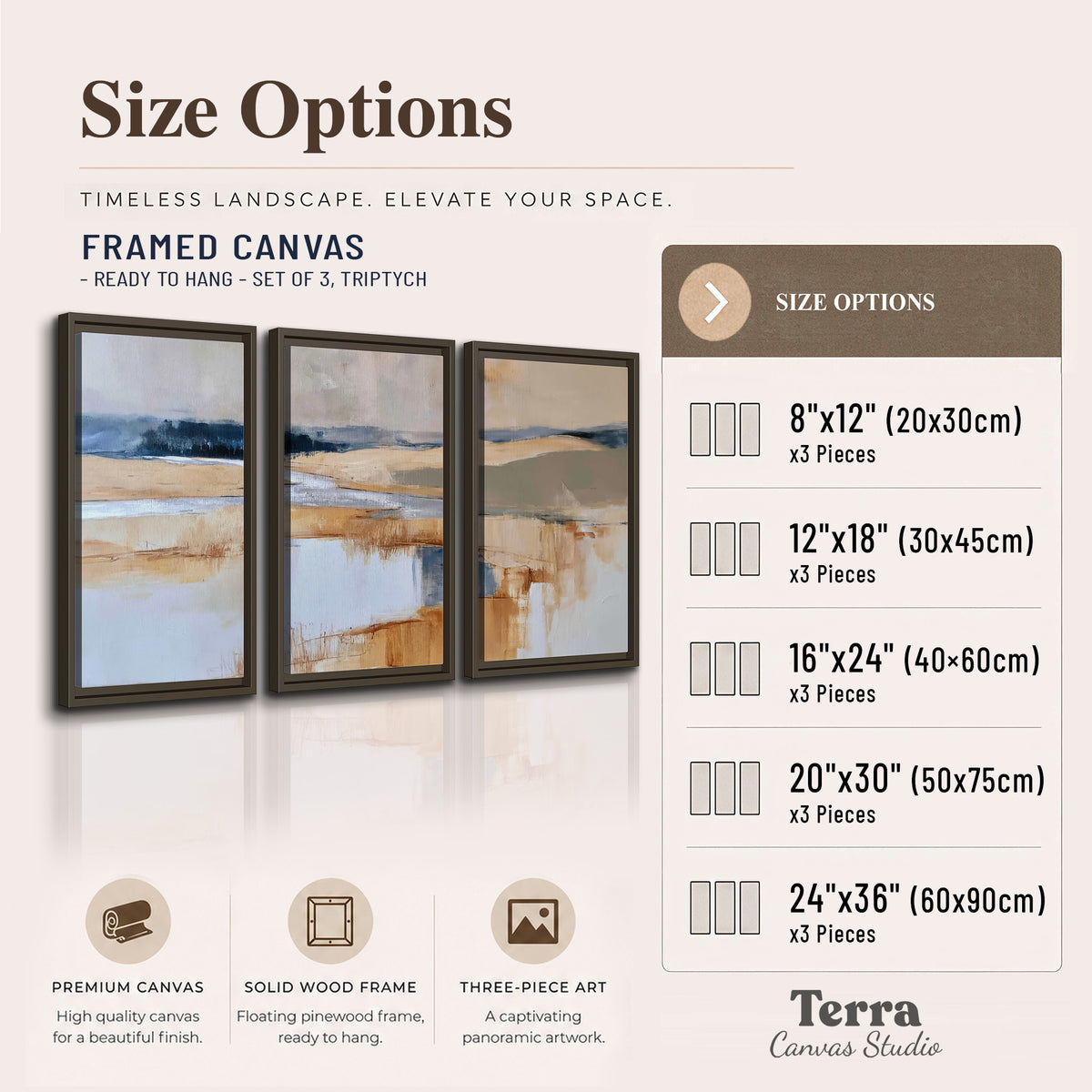 Soft horizontal bands of blue, ochre and ivory suggesting a reflected marsh landscape 3 piece framed canvas wall art available dimensions; triptych dimensions are per panel
