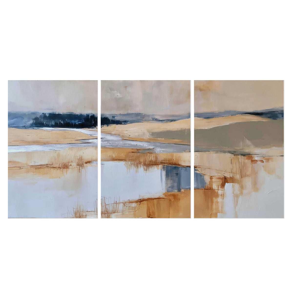 Soft horizontal bands of blue, ochre and ivory suggesting a reflected marsh landscape set of 3 poster prints viewed straight on