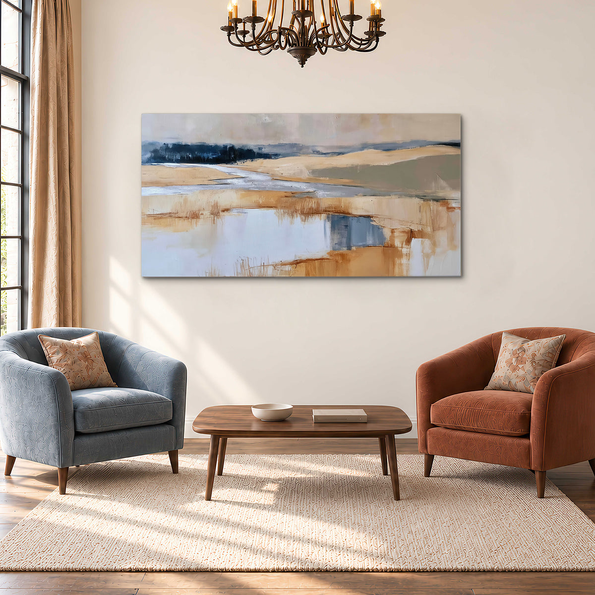Soft horizontal bands of blue, ochre and ivory suggesting a reflected marsh landscape single canvas wall art styled in an interior